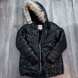 Juicy Couture Puffer Coat Faux Fur Hood Black Girls Pockets Sz S 7/8 Shiny Youth